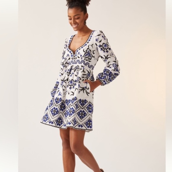 Anthropologie Sweetheart Embroidered Minidress Blue White Floral Size US 2 - Picture 1 of 7
